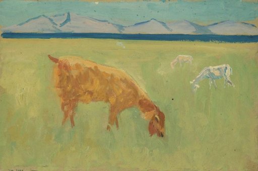 Grazing Goats before a Narrow Arm of the Sea and a Distant Mountain Range