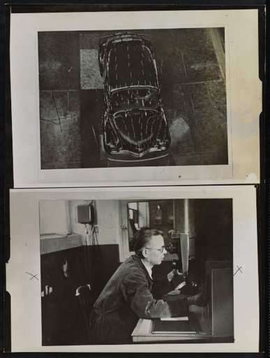 Streamlined Test Car, Seated Figure at Apparatus with Binoculars