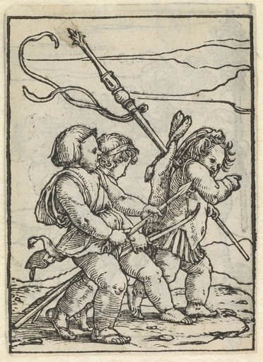 Three children with bow and arrow and a banner (supplement to the Dance of Death)
