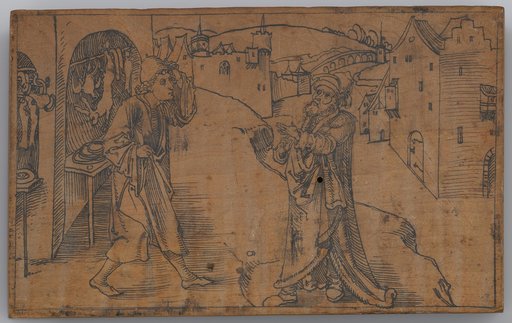 Simo and Davus in front of a butcher's shop (Andria I.2)