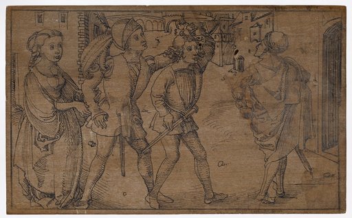 Parmeno meets Sannio under the guidance of Aschinus and Bacchis