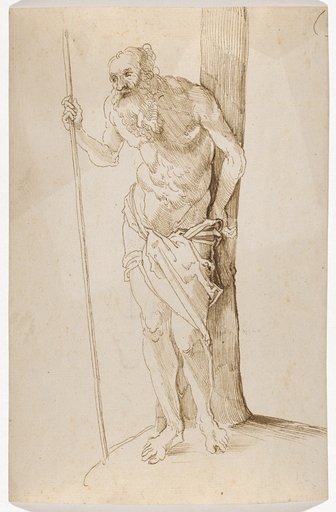 Naked Old Man Leaning Against a Tree