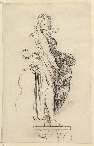 Antiquely Dressed Girl Standing on a Capital