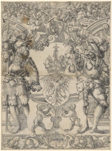 Window Design with Two Warriors as Shield-Bearers and the Coat of Arms of Appenzell, with a Battle Scene in the Upper Image
