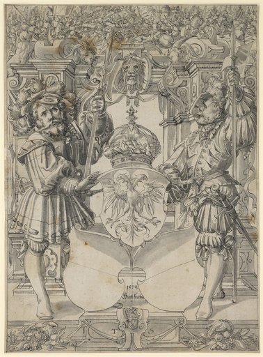 Window Design with Two Warriors as Shield-Bearers and the Coat of Arms of Freiburg, with a Battle Scene in the Upper Image