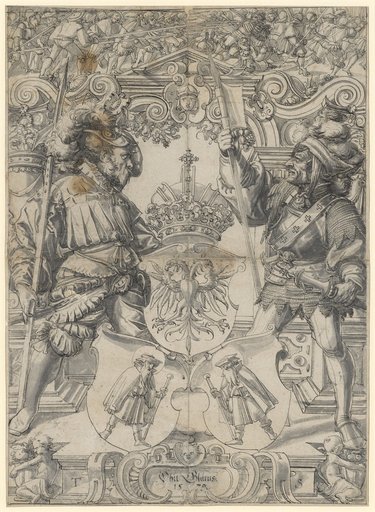 Window design with two warriors as supporters and the coat of arms of Glarus, with a battle scene in the upper section