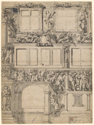 Design for a facade painting with the Resurrection of Christ, the procession of the faithful, Faith, Love, Hope, and fleeing Justice