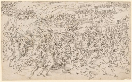 Battle scene between cavalry and infantry