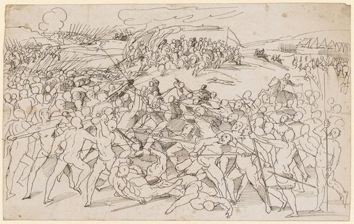 Combat scene between naked infantry and cavalry