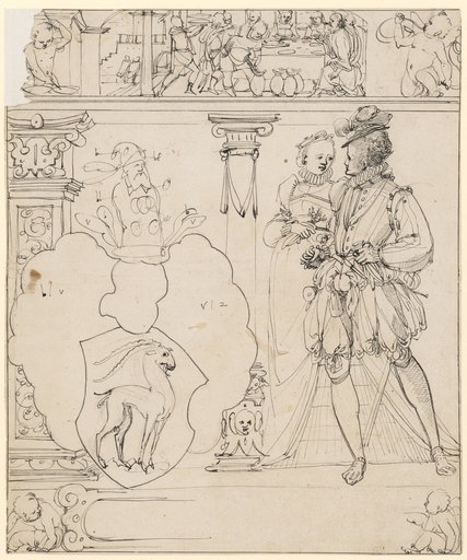 Window Design with a Walking Couple and the Coat of Arms Keller zum Steinbock, with the Wedding at Cana in the Upper Register