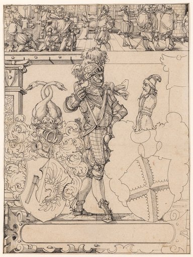 Window Design with an Armored Knight as a Shield Bearer and the Coats of Arms of Lichtenfels-von Römerstall and von Andlau, with a Barber's Shop in the Upper Register