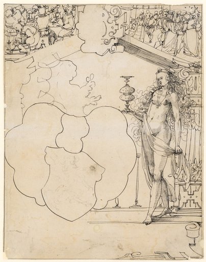 Window Design with a Naked Girl and an Unexecuted Coat of Arms (possibly to Rhein?), with Drinking and Ball Scenes in the Upper Registers