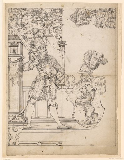Window Design with a Shield Bearer and a Bear Coat of Arms, with Tell's Apple Shot and the Death of Gessler in the Upper Registers