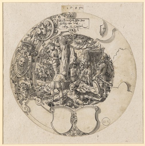 Round Window Design with Joshua Hanging the Five Kings of Amalek, with Two Empty Shields Below