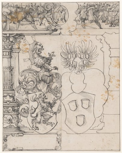 Window Design with the Combined Coat of Arms of Rhein/von Reinach (?), with a Duel with Long Spears and the Symbols of the Order of the Fish and the Falcon in the Upper Register