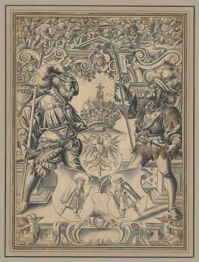Window Design with Two Warriors as Shield Bearers and the Coat of Arms of Glarus, with a Battle Scene in the Upper Register