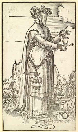 Wise Virgin (to the right, in a cloak with a dagger and purse)