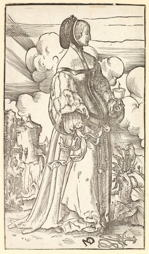 Wise Virgin (to the right, with a net cap and fur sleeves, holding two ribbons in her right hand)