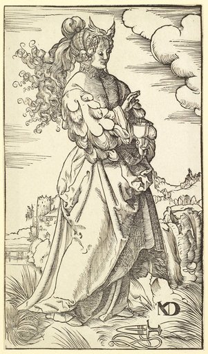 Wise Virgin (to the right, with long open hair, holding her right hand protectively over the lamp)