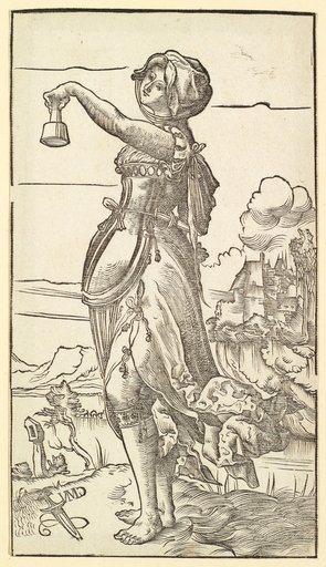 Foolish Virgin (barefoot to the left, holding the lamp aloft in her left hand)