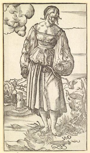 Foolish Virgin (barefoot, front view, looking down at the lamp in her left hand)