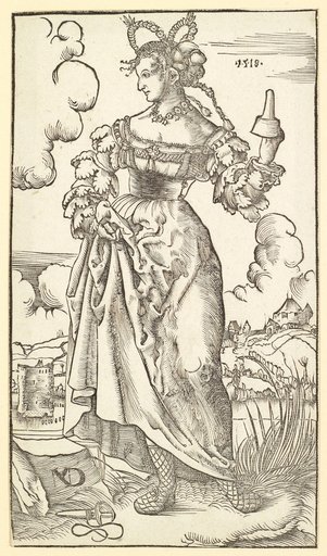 Foolish Virgin (to the left, gathering her skirt with her right hand)