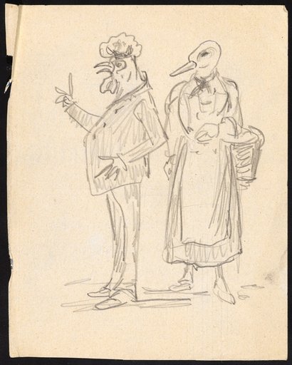 Caricature of a Married Couple: Man with a rooster's head and woman with a duck's head