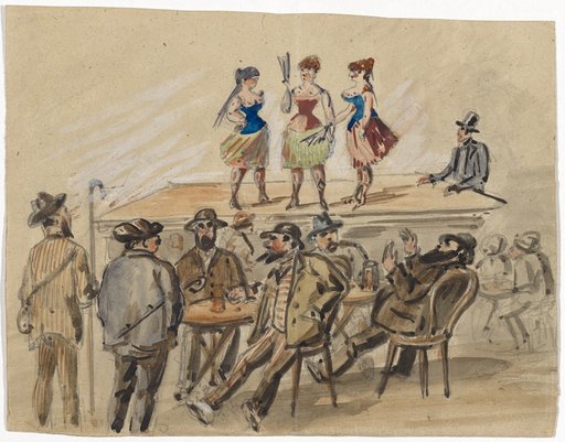 Three Women Presenting Themselves on a Stage, Men at Beer Tables in Front