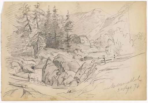 Mountain Valley with River, Rocks, Firs, and a Bridge (recto); Woman in Traditional Dress Holding a Serving Tray (verso)