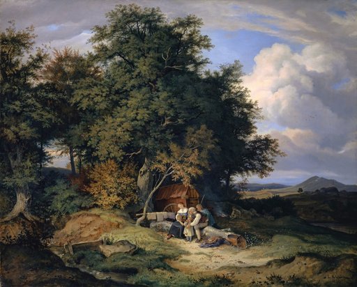 Autumnal forest with a shepherd family