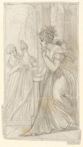 A Lady Eavesdropping on the Conversation of Two Passing Friends