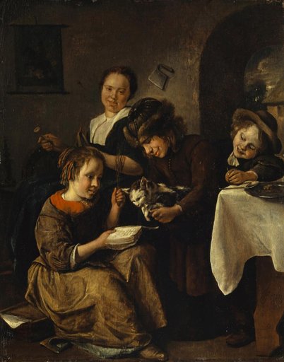 Children Teaching a Cat to Read