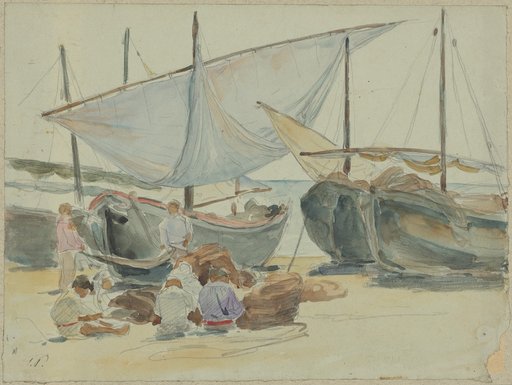 Boats with Sails and Net Menders on the Beach at Porto d'Anzio