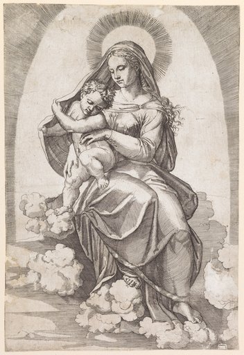 Madonna and Child in a Gloriole, Enthroned on Clouds