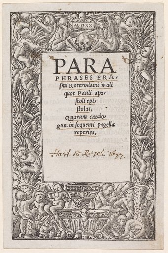 Title Border with Children Playing at a Fountain and Climbing Palms, Along with an Old Couple