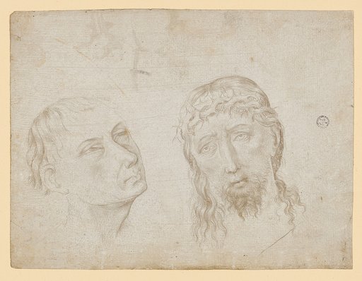Head of Christ with crown of thorns and head of a man looking upward
