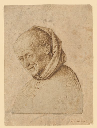 Bust of an older man with a hood