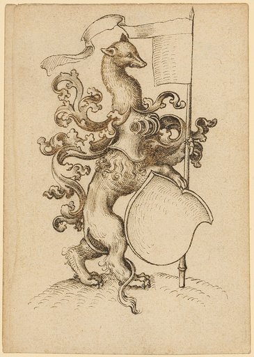 Heraldic animal (lion) with an empty shield, crest, and banner