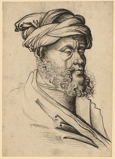 Head of a bearded man with a turban, to the right
