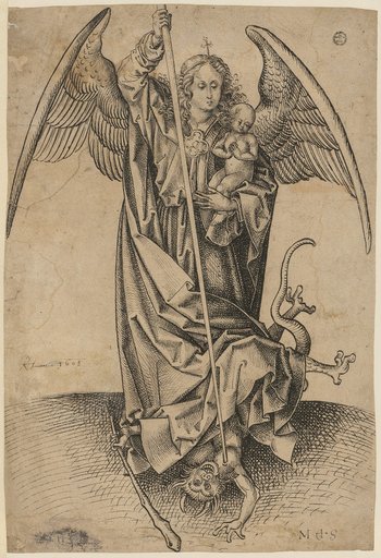 Archangel Michael over the devil, holding a soul (naked child) in his arms