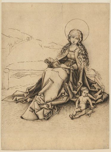 Mary with child on a grassy bench