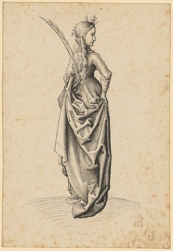 Young girl with palm branch, back view, head turned to the right
