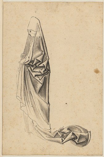Young woman, facing left, with a garment pulled over her head