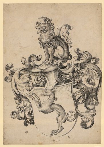 Coat of arms with a leaping greyhound; as a crest, a seated lion
