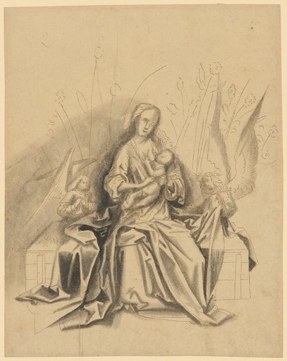Mary with Child and Two Angels on a Grass Bench