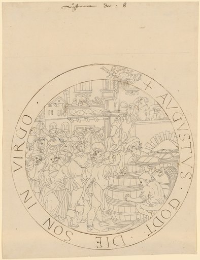 Circular window design with the month picture of August