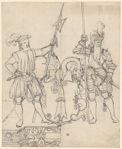 Window design with two warriors and the Basel coat of arms