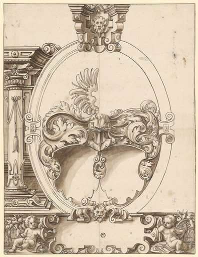 Window design with an oval frame and two empty coats of arms