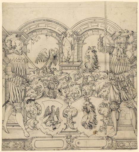 Cartoon for a Window with Two Supporters and the Coats of Arms of Falkner and Irmi, Amor with Bow and Arrows on the Central Pier