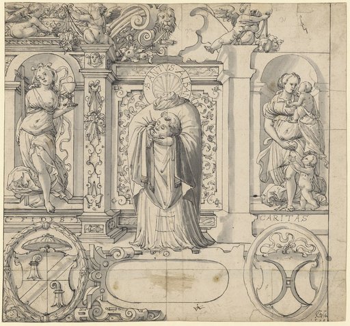 Cartoon for a Window with Saint Alban, Flanked by Fides and Caritas, Below the Coats of Arms of Hasenburg and Pfyffer (?)